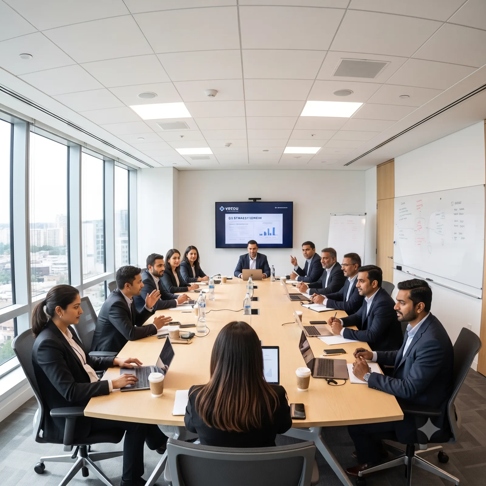 Professional team of Lawfin Advisors in a formal meeting, bright well-lit conference room with corporate attire